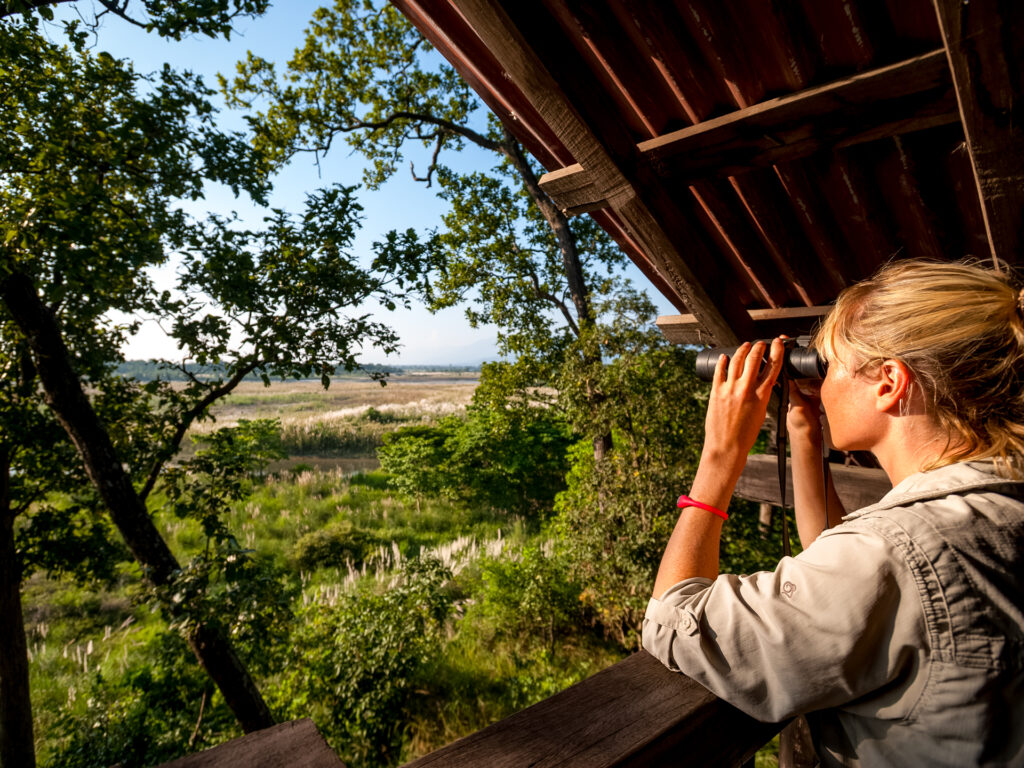 Eine Frau mit einem Feldstecher die die Natur beobachtet