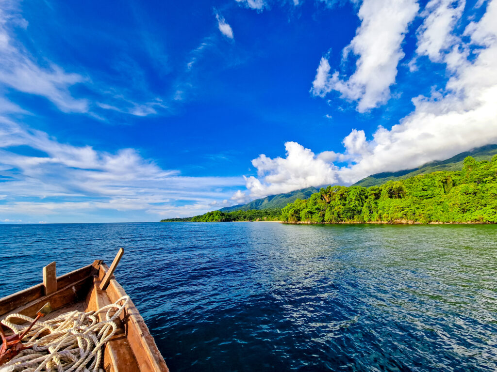 Boot auf einem See mit Dschungel an der Küste